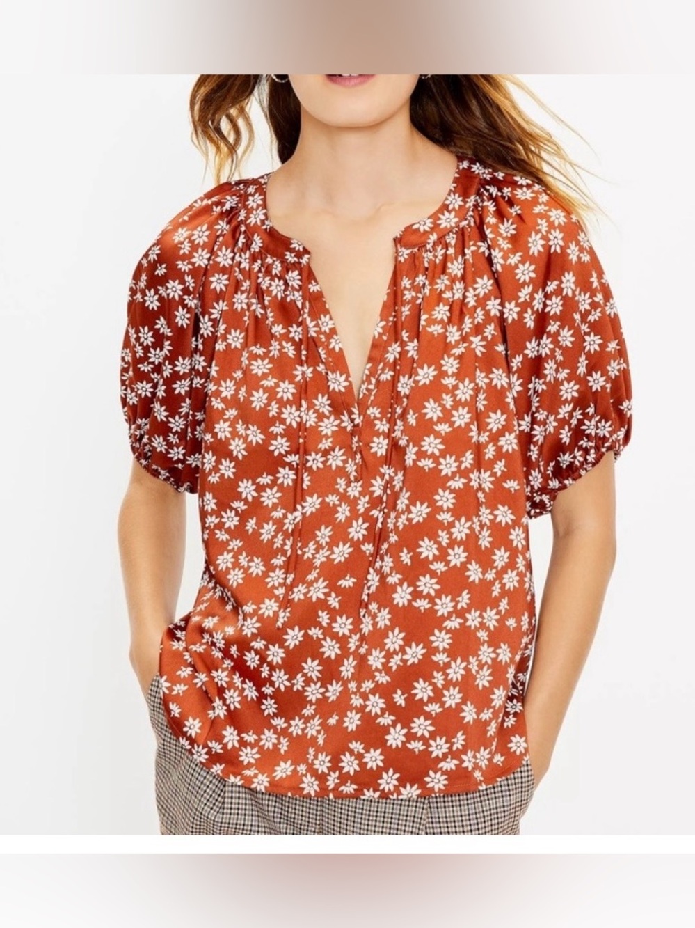 NWT LOFT Floral Tie-Front Puff Sleeve Blouse size M